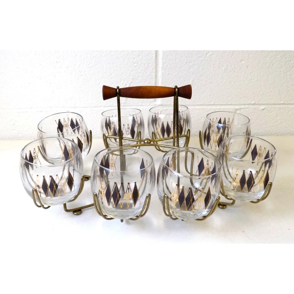 Federal Glass Harlequin Roly Poly Glasses Caddy Set MCM Atomic Barware 9 Pc